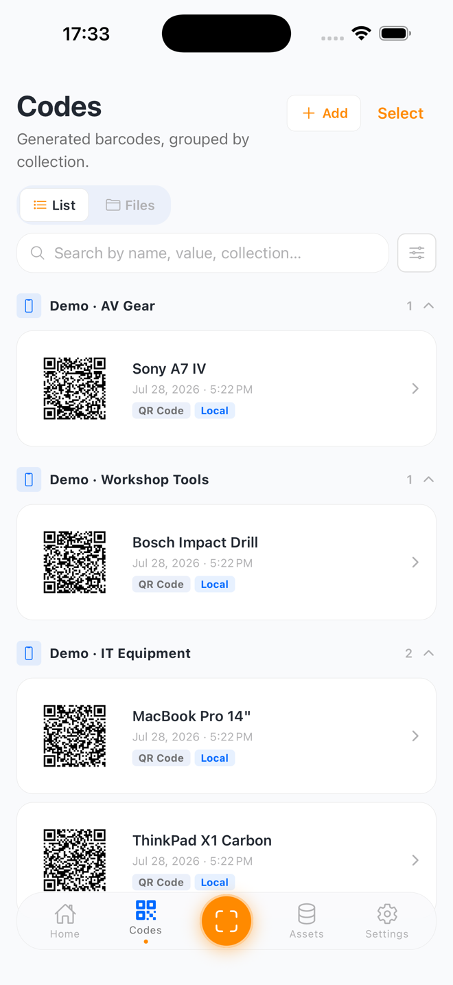 SweepTag generated QR codes grouped by collection