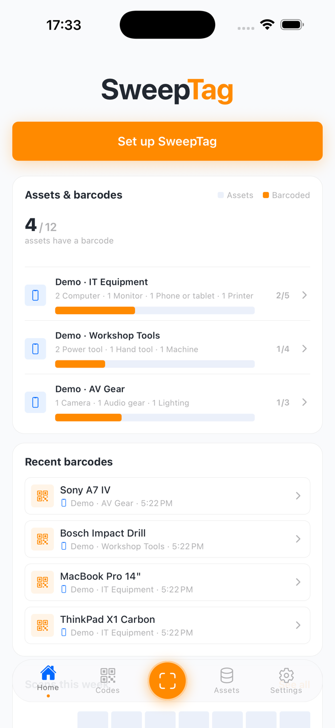 SweepTag home dashboard showing barcode progress